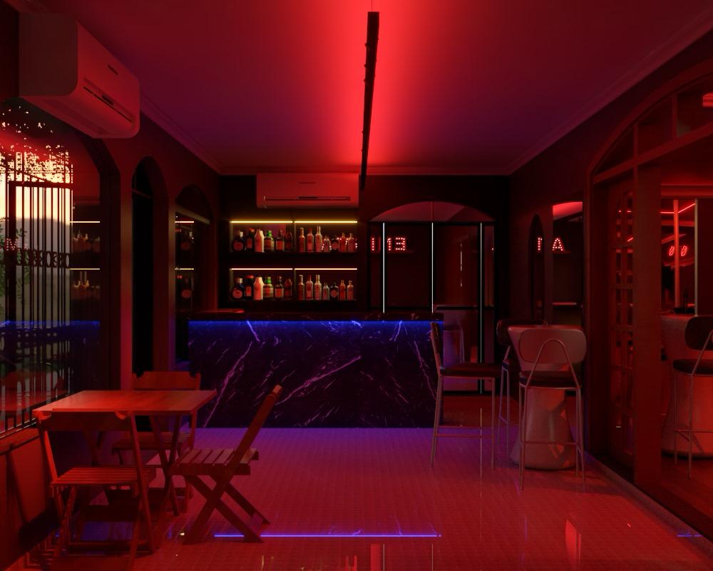 Bar da Enigma com iluminação vermelha e balcão iluminado